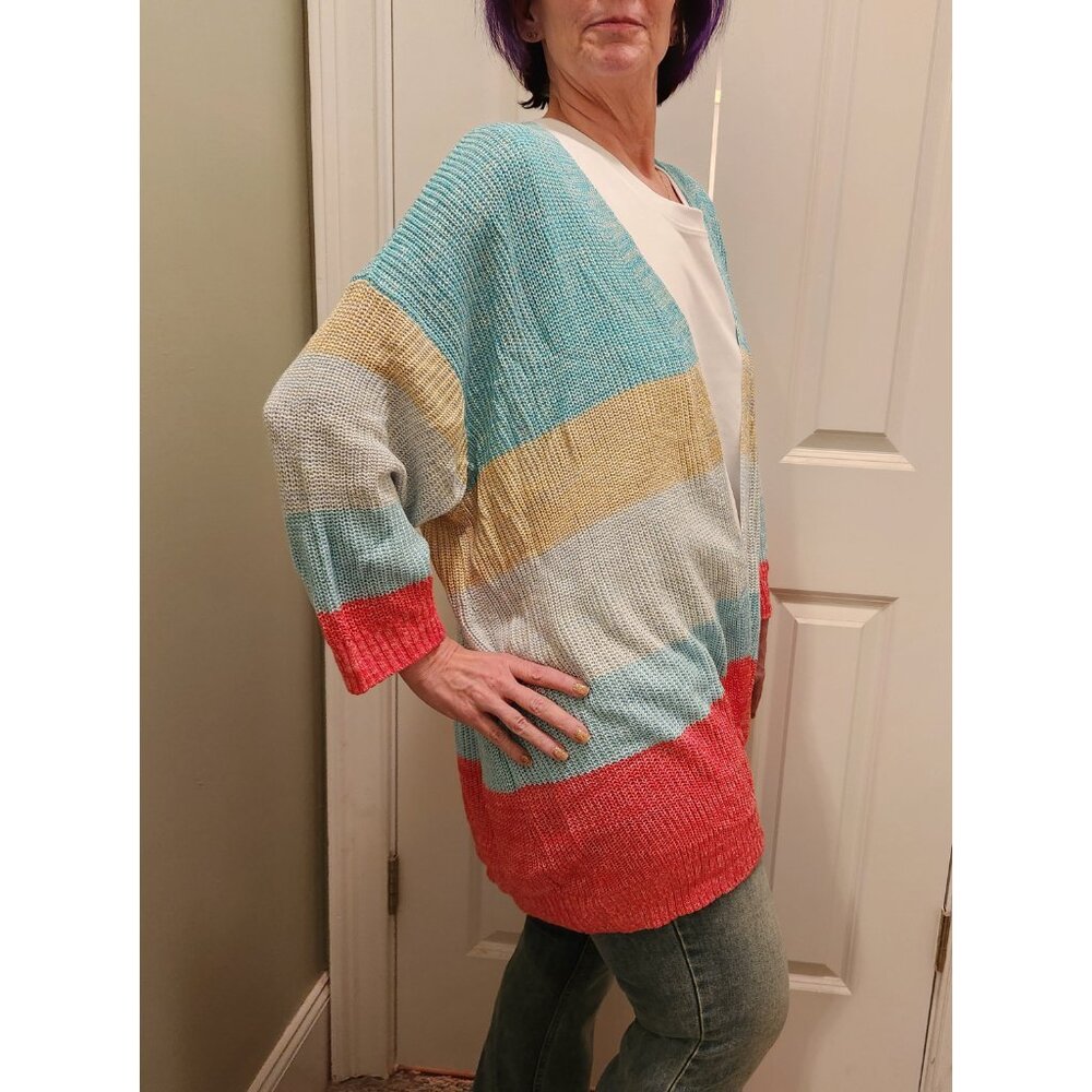 Lane Bryant Cardi jacket Aqua Coral Yellow Color Block BoHo Classic Sz 26/28 NWT